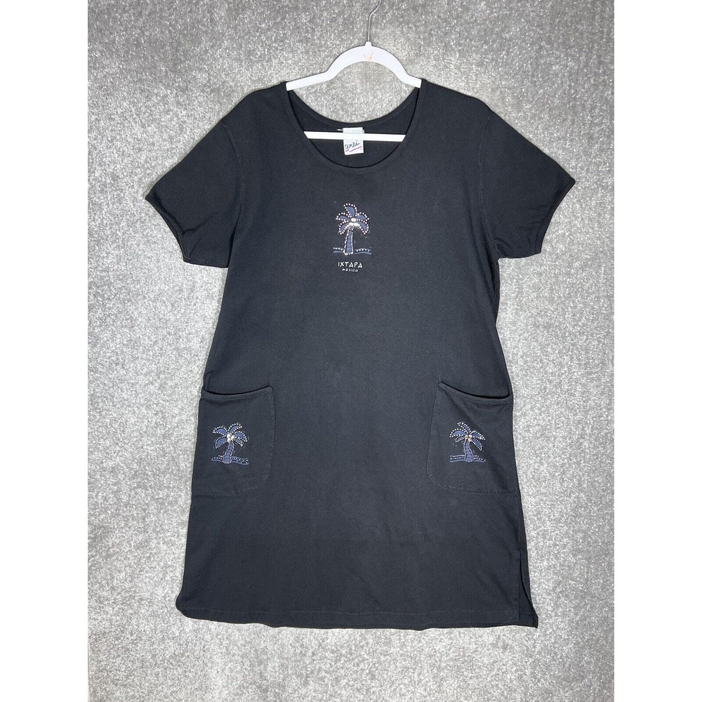Arli Ixtapa Mexico Palm Tree Short Sleeve Dress‎ Cover Up Womens Size XL Black